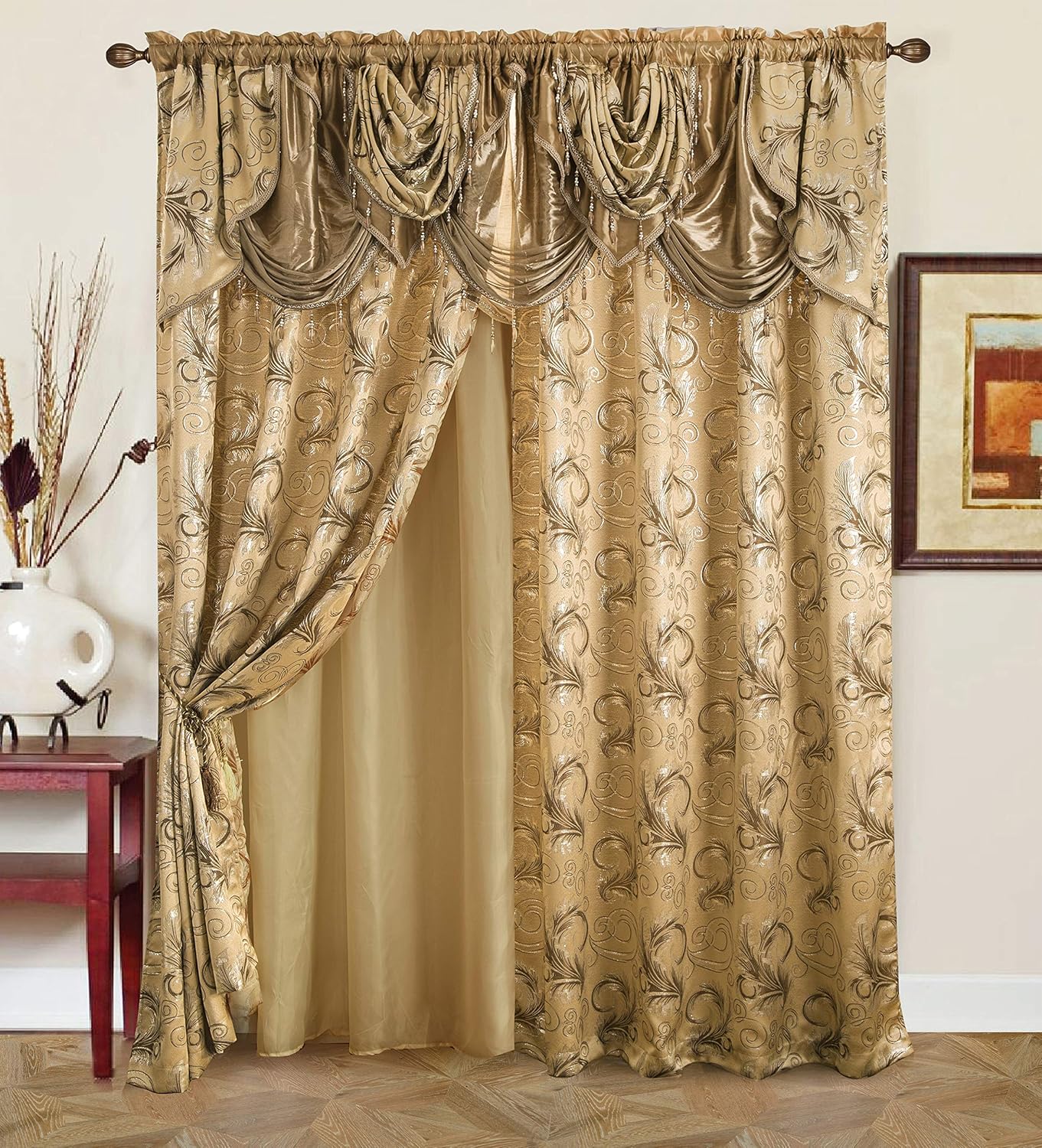 GLORY RUGS Jacquard Luxury Window 2 Panel Set Brown Curtain with Attached Valance and Backing Bedroom Living Room Dining 2 Curtains 55x84 inches Each Jana