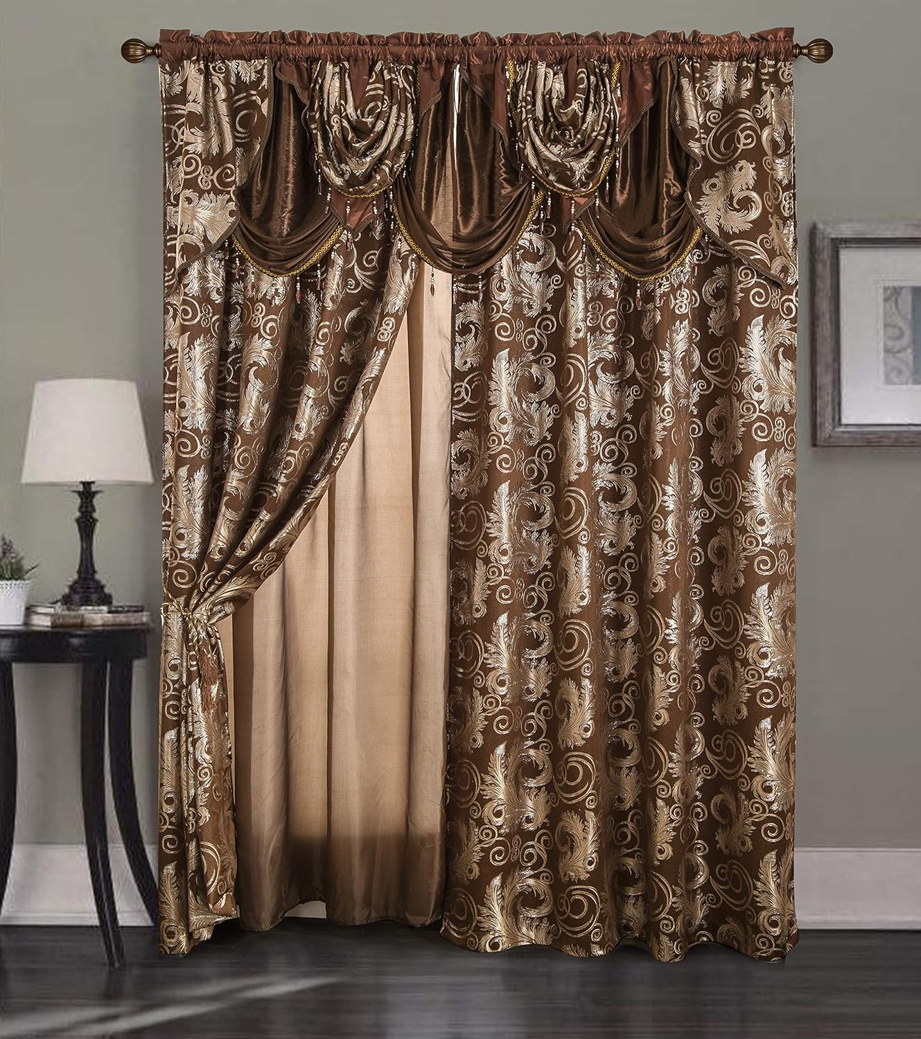 GLORY RUGS Jacquard Luxury Window 2 Panel Set Brown Curtain with Attached Valance and Backing Bedroom Living Room Dining 2 Curtains 55x84 inches Each Jana