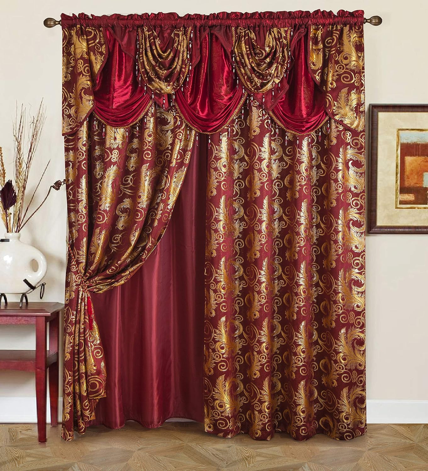 GLORY RUGS Jacquard Luxury Window 2 Panel Set Brown Curtain with Attached Valance and Backing Bedroom Living Room Dining 2 Curtains 55x84 inches Each Jana